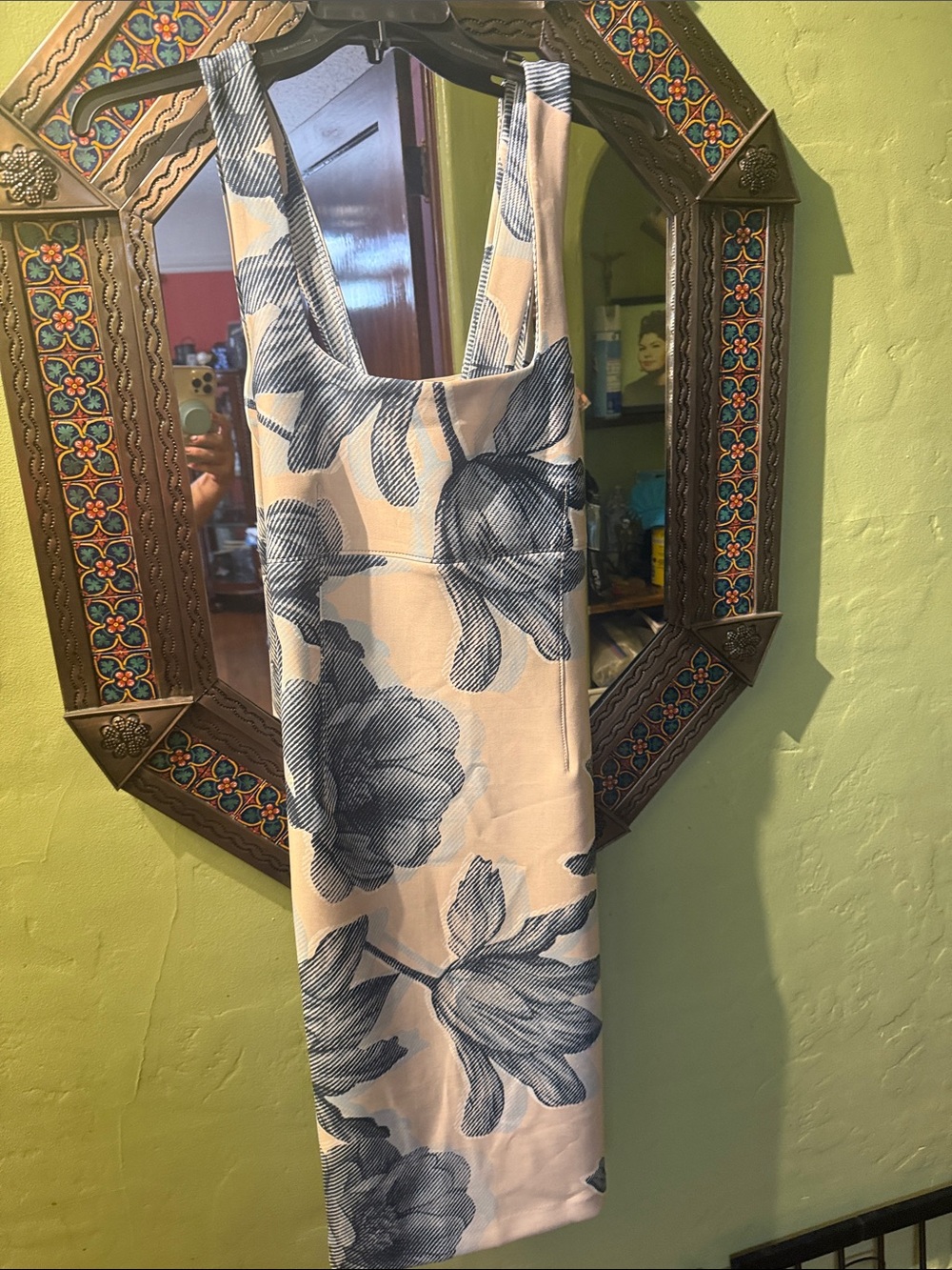 Donna Karan Cream Midi Dress with Blue Botanical Print